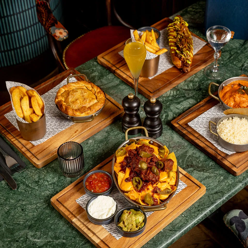The Noble Public House — overhead pub-food spread