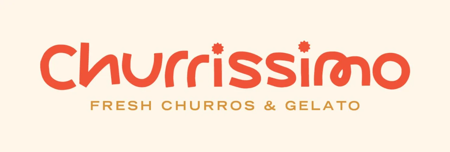 This image presents the brand logo for 'Churrissimo', a dessert establishment specializing in fresh churros and gelato. The primary brand name is rendered in a vibrant, playful orange-red typeface with rounded, organic letterforms, notably featuring stylized star-shaped dots above the 'i's, reminiscent of churro cross-sections. Below, the tagline 'FRESH CHURROS & GELATO' is displayed in a simpler, golden-brown sans-serif font, all set against a clean, warm cream background, conveying a cheerful and inviting brand identity.