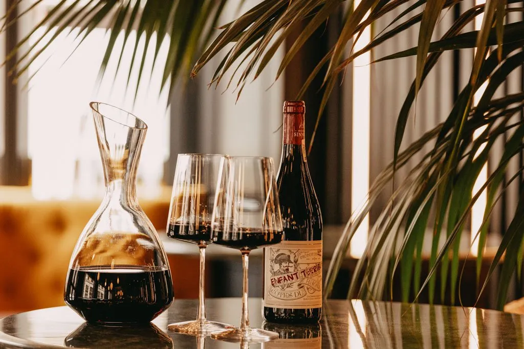 A sophisticated close-up captures a wine decanter, two elegant stemmed wine glasses filled with red wine, and a classic wine bottle, all resting on a highly reflective dark tabletop. Lush green foliage frames the scene from the top and right, while a softly blurred background reveals warm, ambient lighting and hints of a golden upholstered interior, creating an intimate and inviting atmosphere perfect for a refined dining or lounge setting.