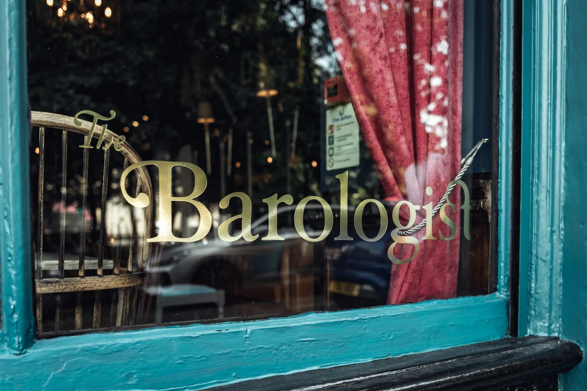 The Barologist — gilded window lettering on the teal shopfront, Leith, Edinburgh